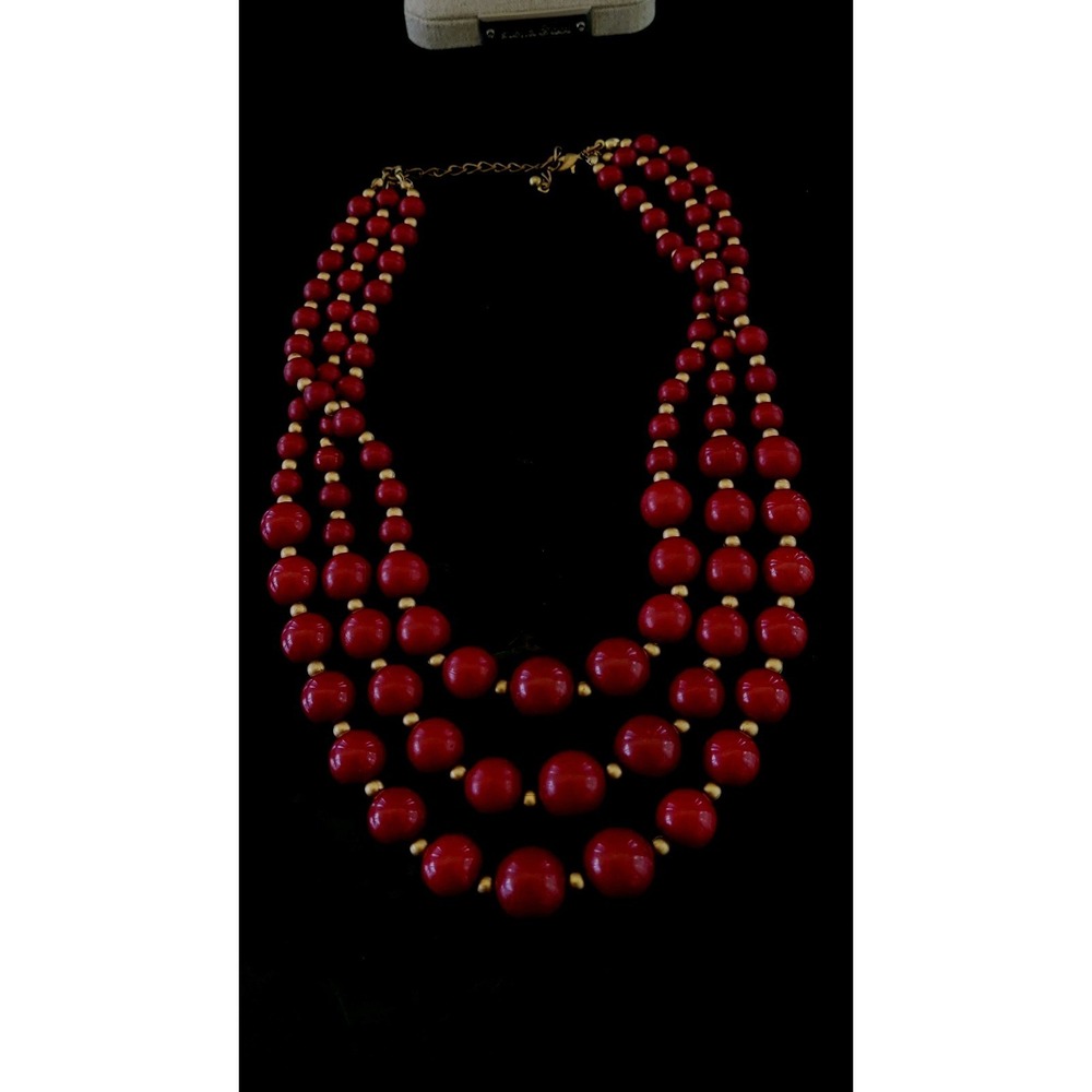 Vintage Red Lucite Acrylic Triple Strand Bead Necklace Gold Tone 17in 62g